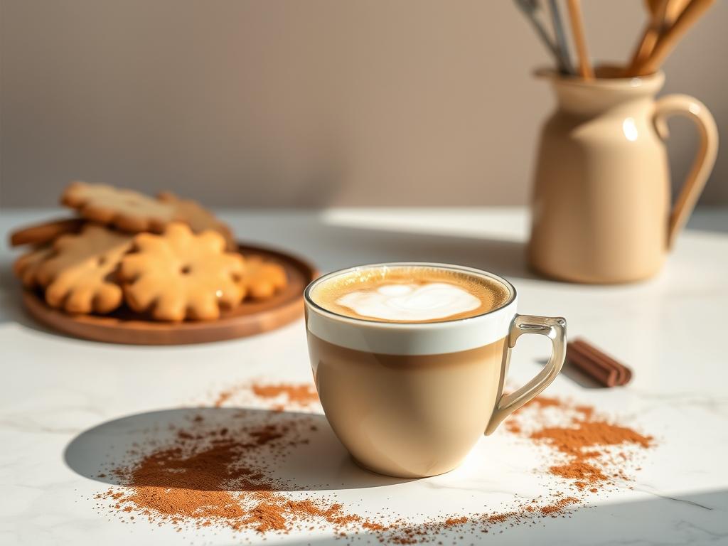 A serene still life scene showcasing the rich, creamy hues of cappuccino. In the foreground, a porcelain cup filled with the subtly layered beverage, its frothy surface glistening under soft, natural lighting. Surrounding the cup, a selection of artisanal biscuits and a sprinkling of cocoa powder, creating a harmonious color palette of earthy browns and warm tones. In the middle ground, a marble tabletop provides a sleek, reflective surface, while the background features a muted, neutral-toned wall, allowing the cappuccino-inspired color scheme to take center stage. The overall composition evokes a sense of cozy sophistication, inviting the viewer to savor the rich, comforting hues of this classic coffee drink.